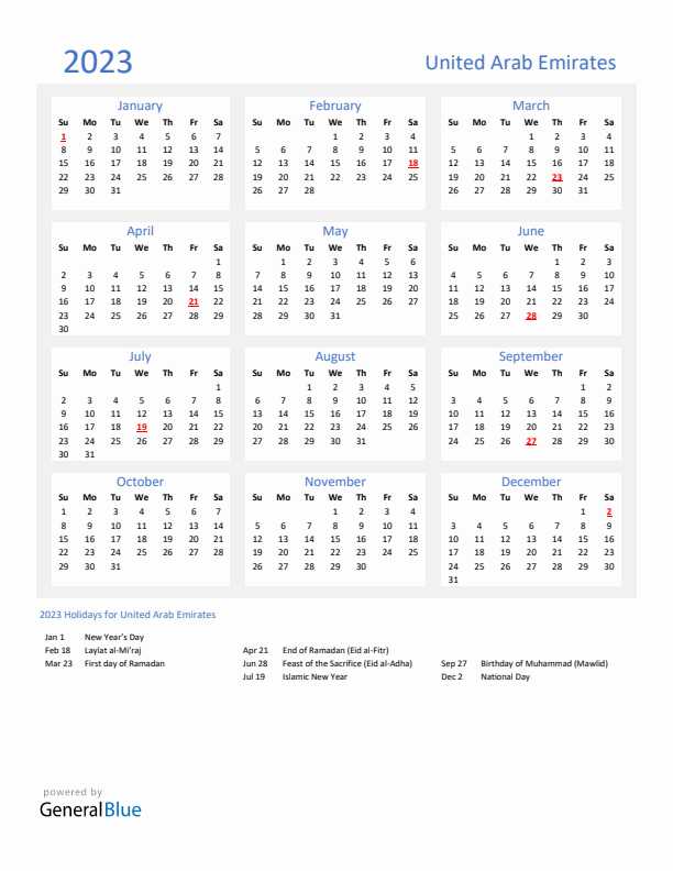 Basic Yearly Calendar with Holidays in United Arab Emirates for 2023 