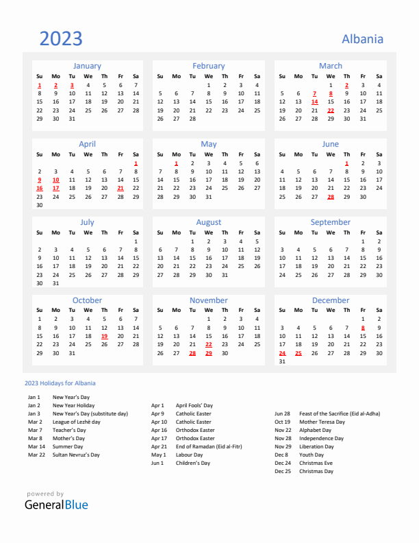 Basic Yearly Calendar with Holidays in Albania for 2023 