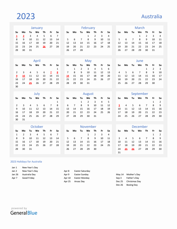 Basic Yearly Calendar with Holidays in Australia for 2023 