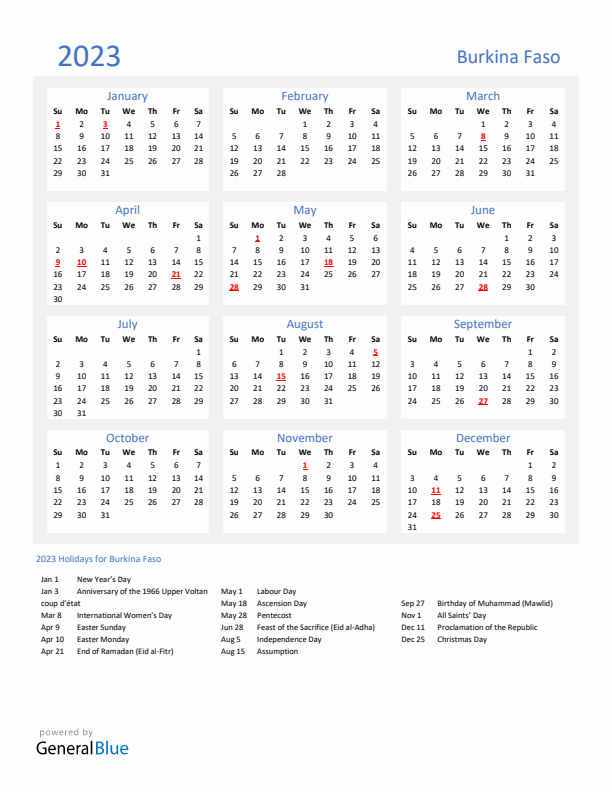 Basic Yearly Calendar with Holidays in Burkina Faso for 2023 