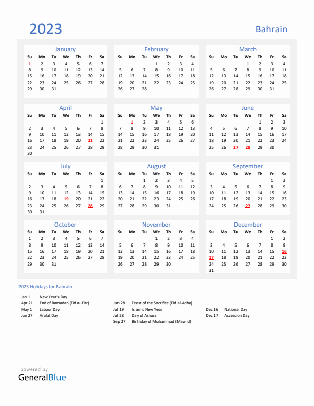 Basic Yearly Calendar with Holidays in Bahrain for 2023 