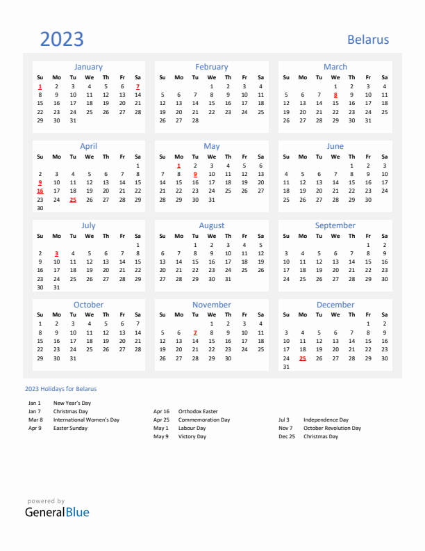 Basic Yearly Calendar with Holidays in Belarus for 2023 