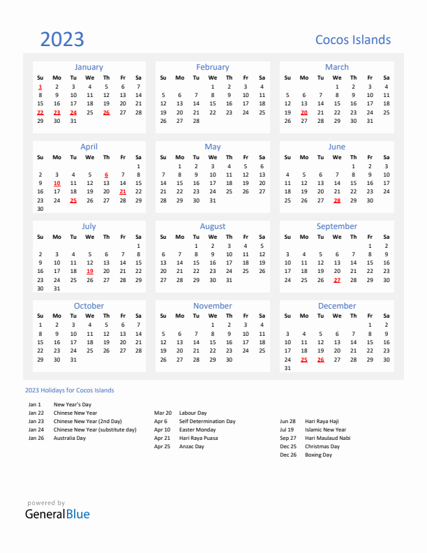 Basic Yearly Calendar with Holidays in Cocos Islands for 2023 