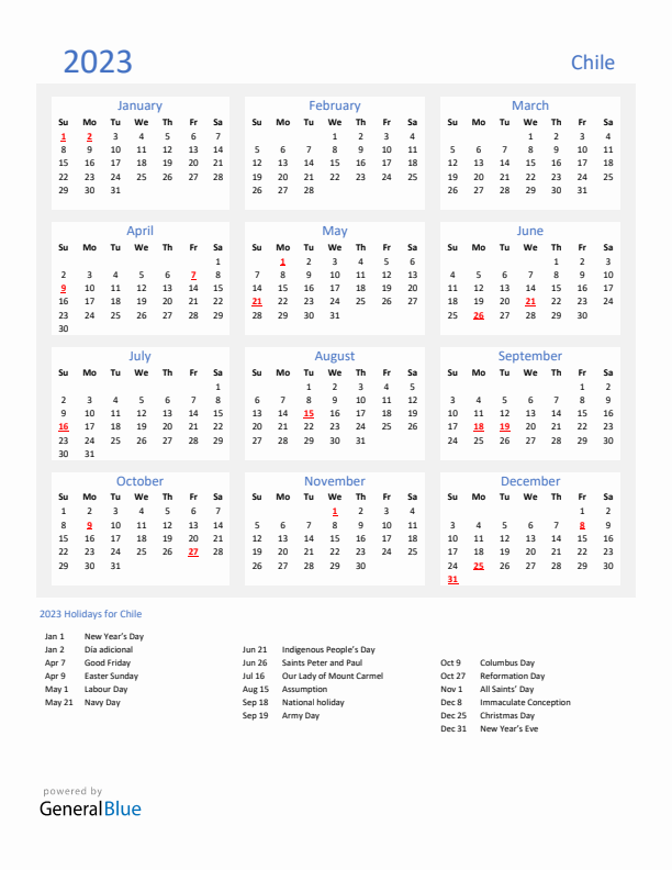 Basic Yearly Calendar with Holidays in Chile for 2023 