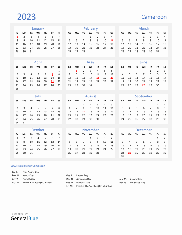 Basic Yearly Calendar with Holidays in Cameroon for 2023 