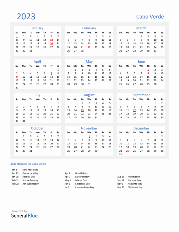 Basic Yearly Calendar with Holidays in Cabo Verde for 2023 