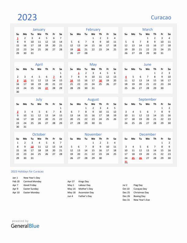 Basic Yearly Calendar with Holidays in Curacao for 2023 