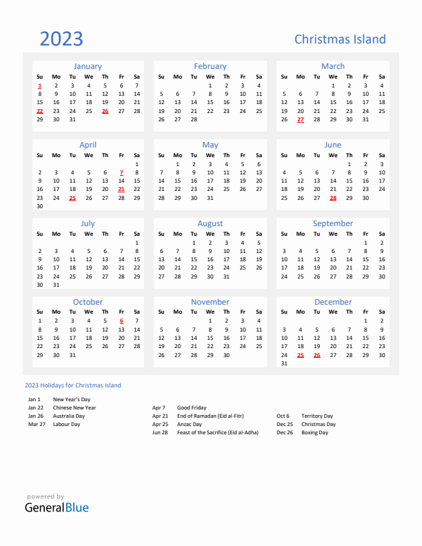 Basic Yearly Calendar with Holidays in Christmas Island for 2023 