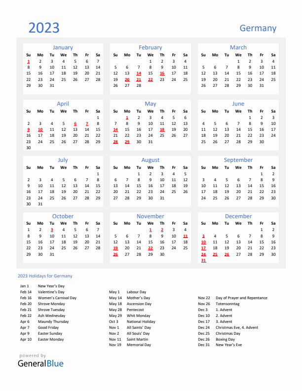 Basic Yearly Calendar with Holidays in Germany for 2023 