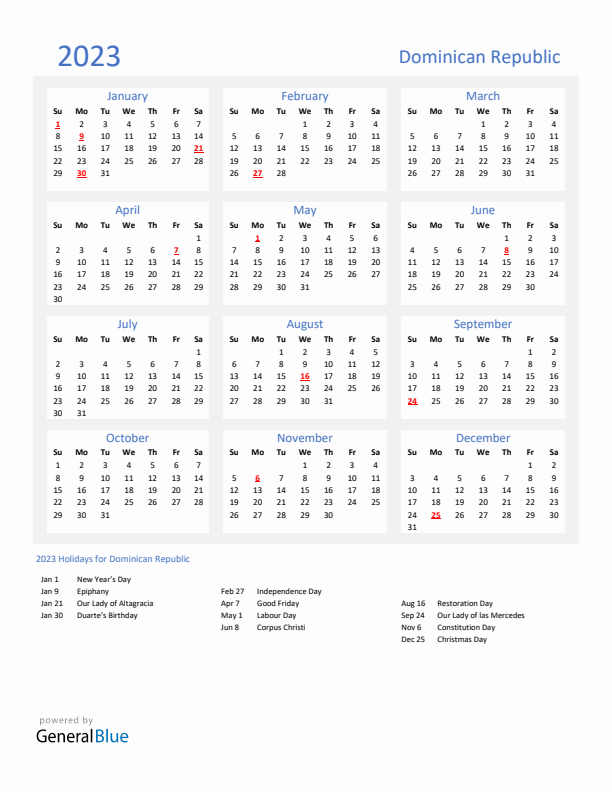 Basic Yearly Calendar with Holidays in Dominican Republic for 2023 