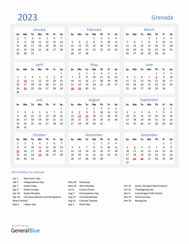 Basic Yearly Calendar with Holidays in Grenada for 2023 