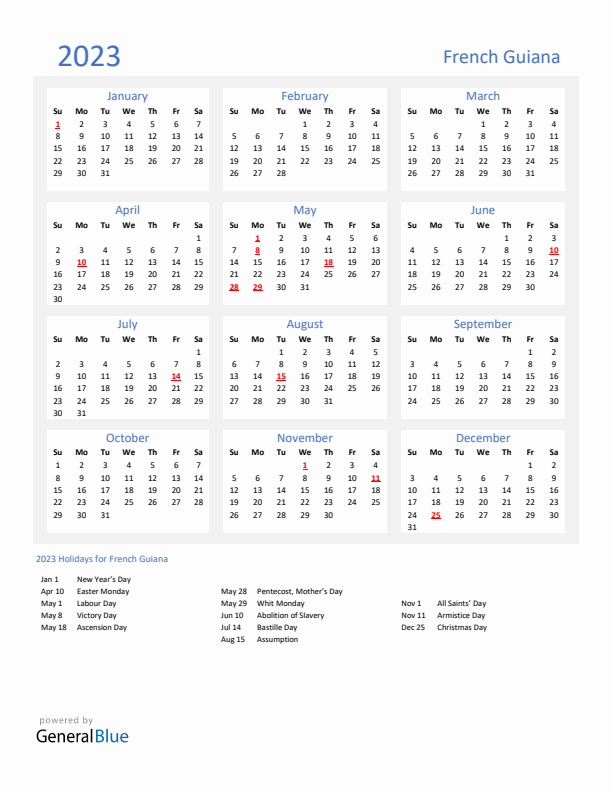 Basic Yearly Calendar with Holidays in French Guiana for 2023 