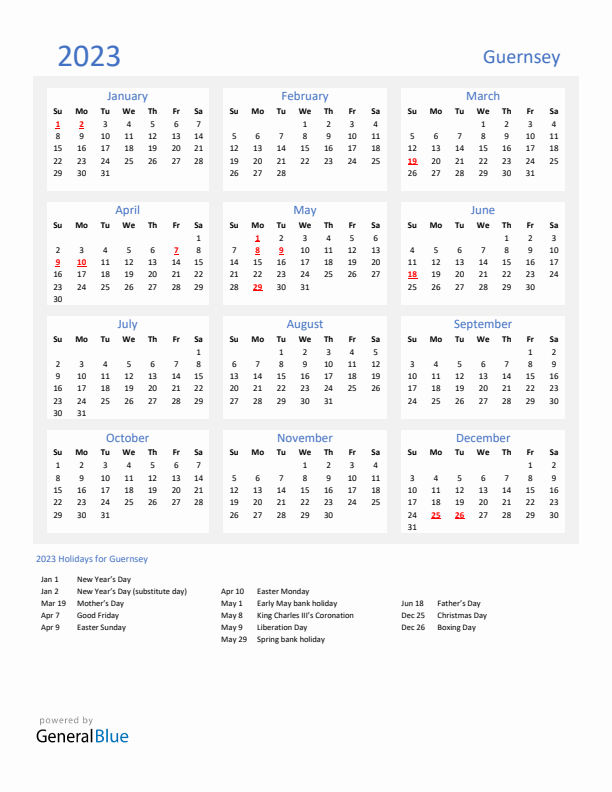 Basic Yearly Calendar with Holidays in Guernsey for 2023 