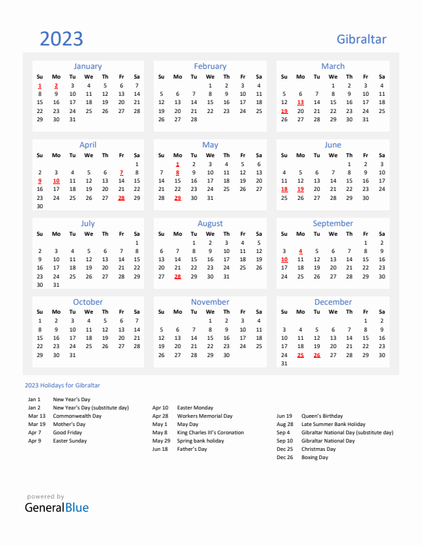 Basic Yearly Calendar with Holidays in Gibraltar for 2023 