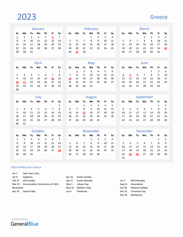 Basic Yearly Calendar with Holidays in Greece for 2023 