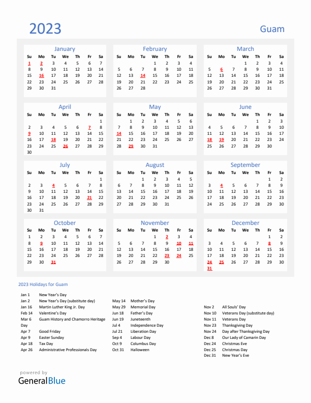 Basic Yearly Calendar with Holidays in Guam for 2023 