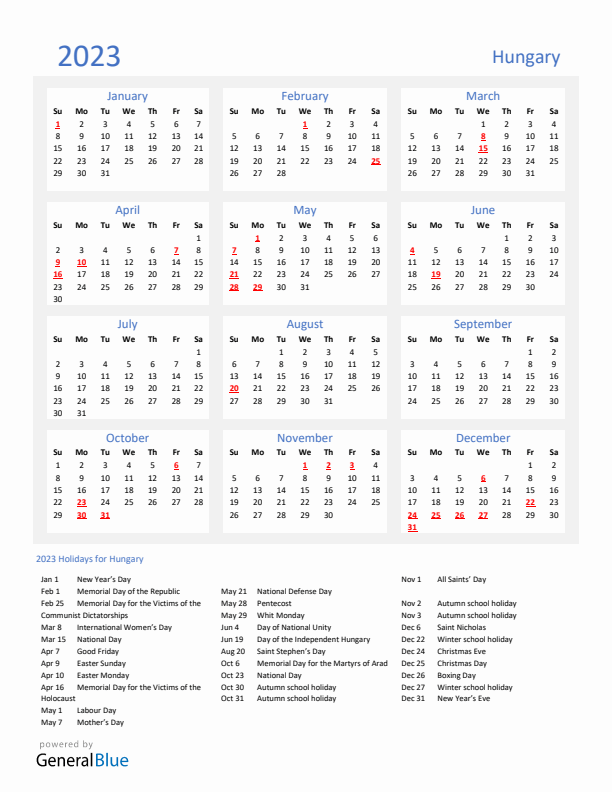 Basic Yearly Calendar with Holidays in Hungary for 2023 