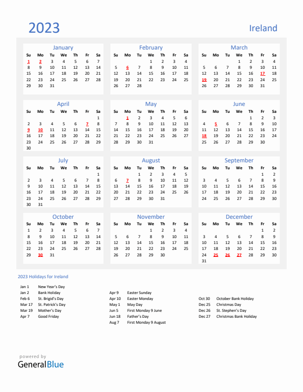 Basic Yearly Calendar with Holidays in Ireland for 2023 