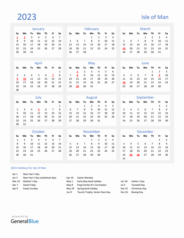 Basic Yearly Calendar with Holidays in Isle of Man for 2023 