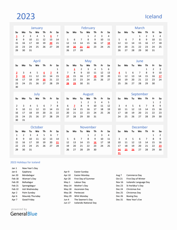 Basic Yearly Calendar with Holidays in Iceland for 2023 