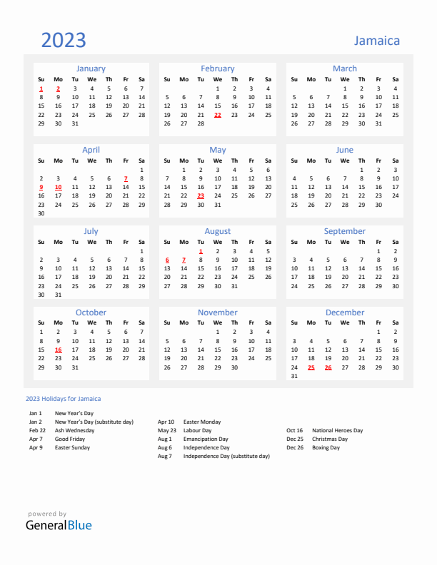 Basic Yearly Calendar with Holidays in Jamaica for 2023 