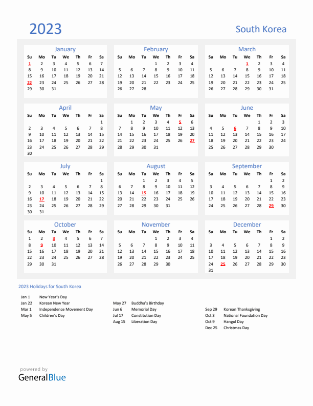 Basic Yearly Calendar with Holidays in South Korea for 2023 