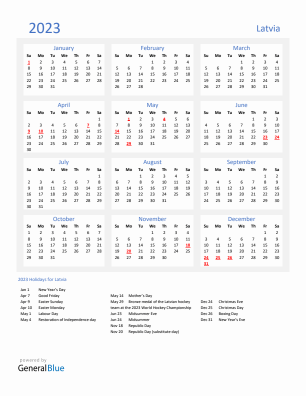 Basic Yearly Calendar with Holidays in Latvia for 2023 