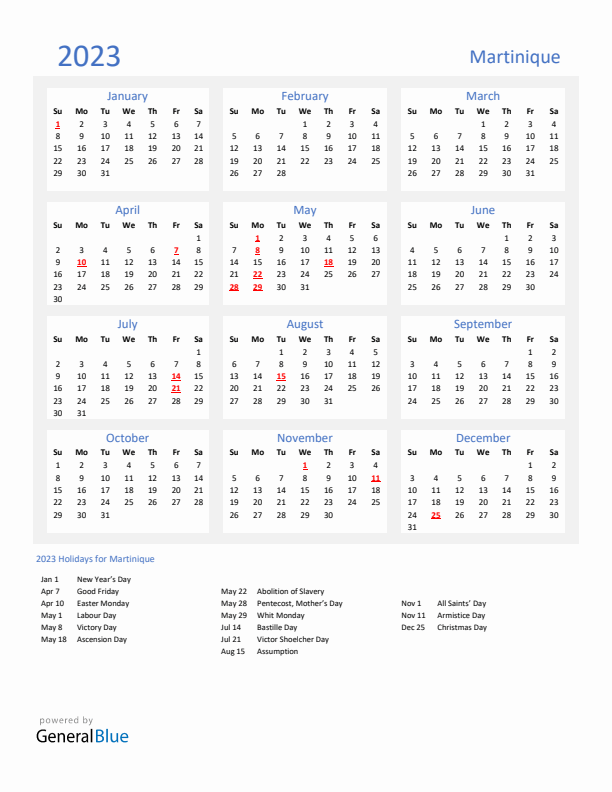 Basic Yearly Calendar with Holidays in Martinique for 2023 