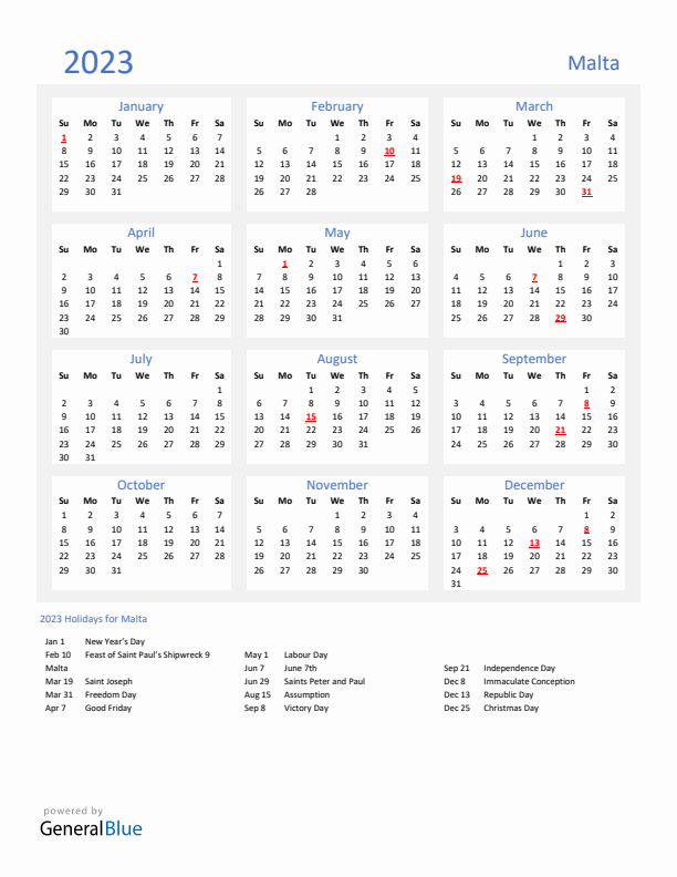 Basic Yearly Calendar with Holidays in Malta for 2023 