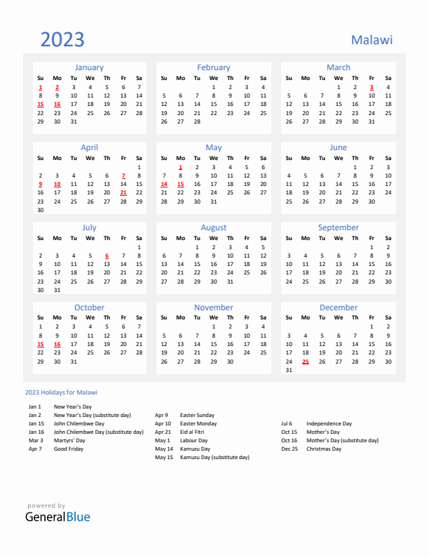 Basic Yearly Calendar with Holidays in Malawi for 2023 