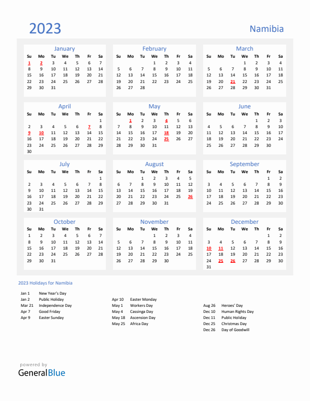 Basic Yearly Calendar with Holidays in Namibia for 2023 