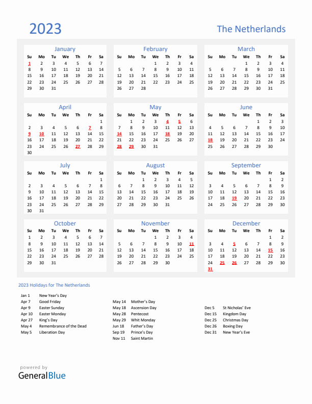 Basic Yearly Calendar with Holidays in The Netherlands for 2023 