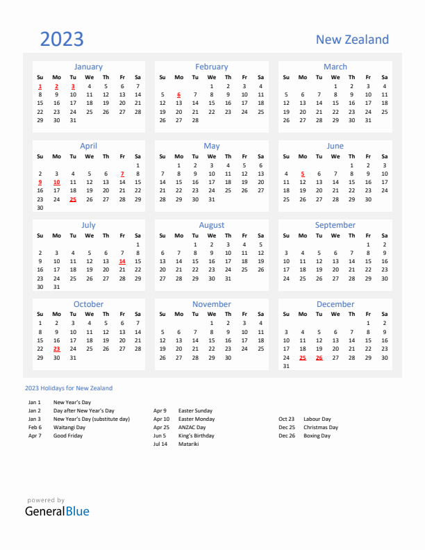 Basic Yearly Calendar with Holidays in New Zealand for 2023 