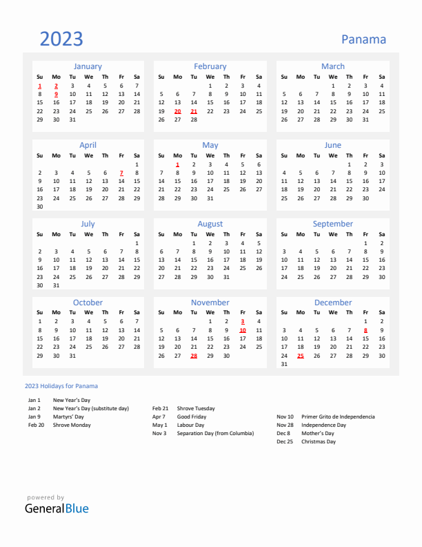 Basic Yearly Calendar with Holidays in Panama for 2023 