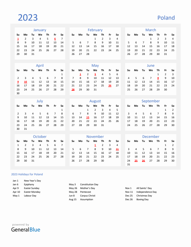 Basic Yearly Calendar with Holidays in Poland for 2023 