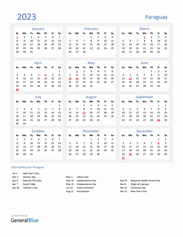 Basic Yearly Calendar with Holidays in Paraguay for 2023 