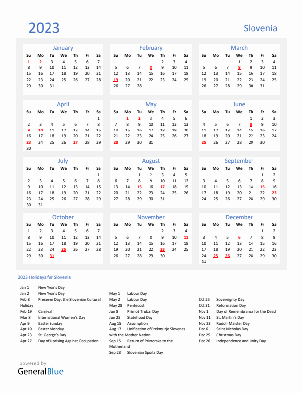 Basic Yearly Calendar with Holidays in Slovenia for 2023 