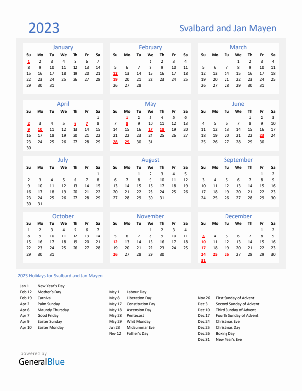 Basic Yearly Calendar with Holidays in Svalbard and Jan Mayen for 2023 