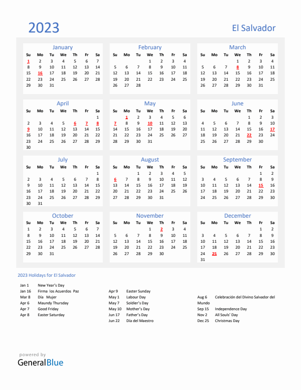 Basic Yearly Calendar with Holidays in El Salvador for 2023 