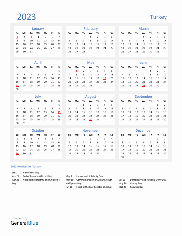 Basic Yearly Calendar with Holidays in Turkey for 2023 