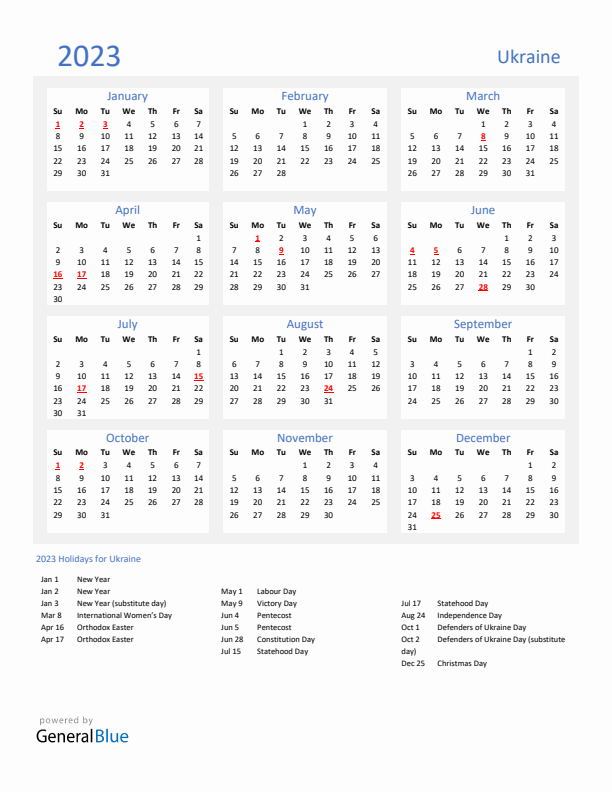 Basic Yearly Calendar with Holidays in Ukraine for 2023 