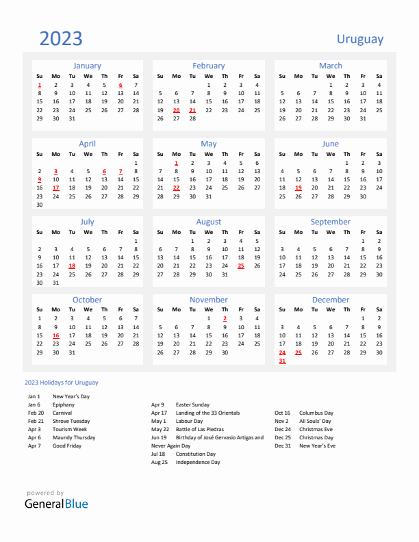 Basic Yearly Calendar with Holidays in Uruguay for 2023 