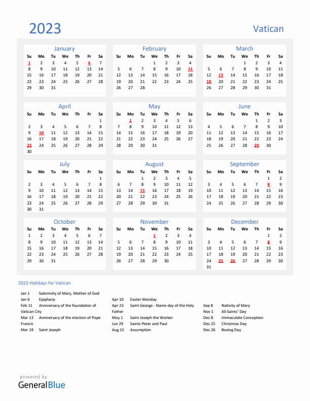 Basic Yearly Calendar with Holidays in Vatican for 2023 