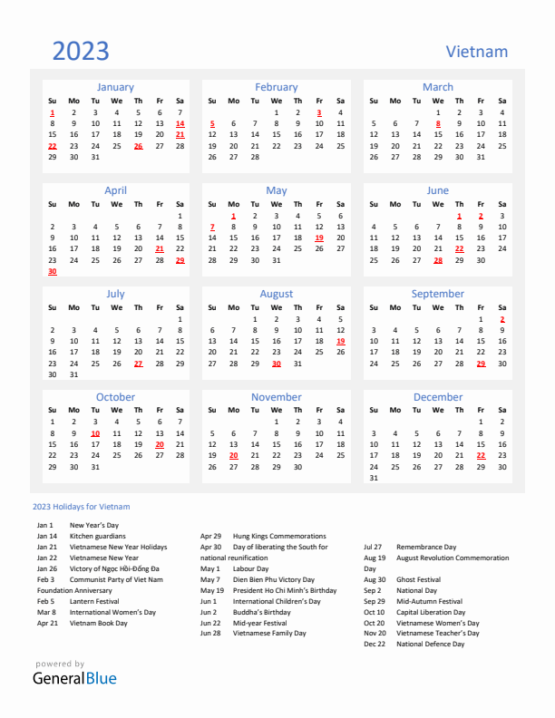 Basic Yearly Calendar with Holidays in Vietnam for 2023 