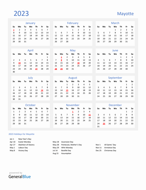 Basic Yearly Calendar with Holidays in Mayotte for 2023 