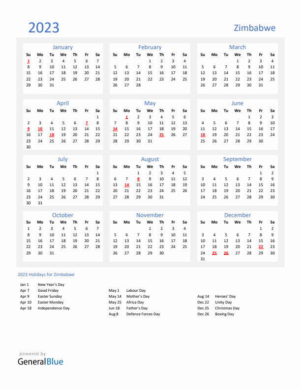 Basic Yearly Calendar with Holidays in Zimbabwe for 2023 