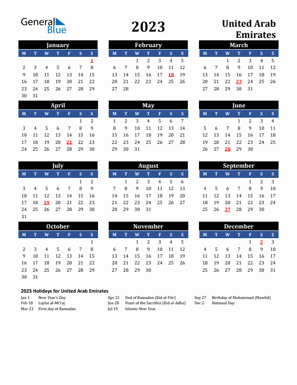 2023 United Arab Emirates Holiday Calendar