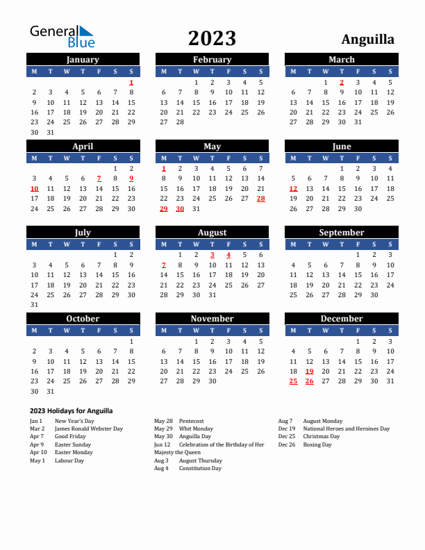 2023 Anguilla Holiday Calendar