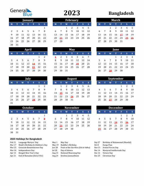 2023 Bangladesh Holiday Calendar