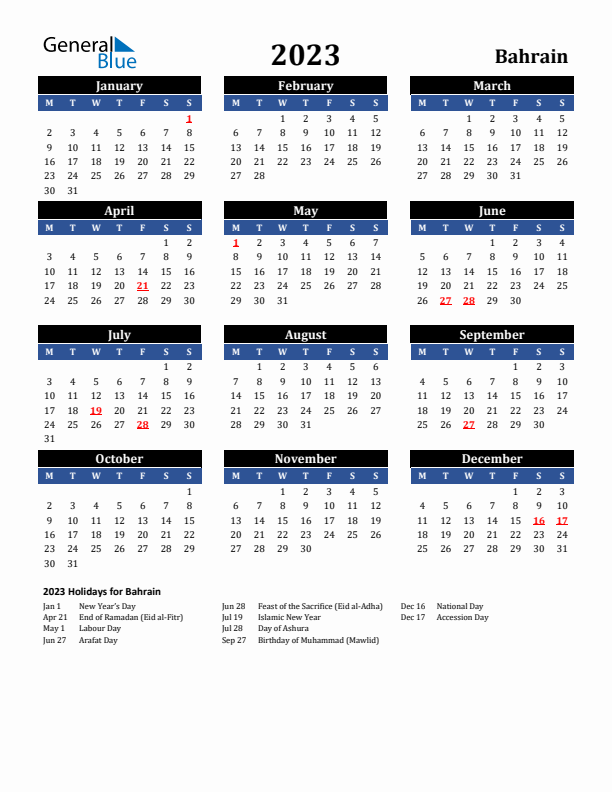 2023 Bahrain Holiday Calendar